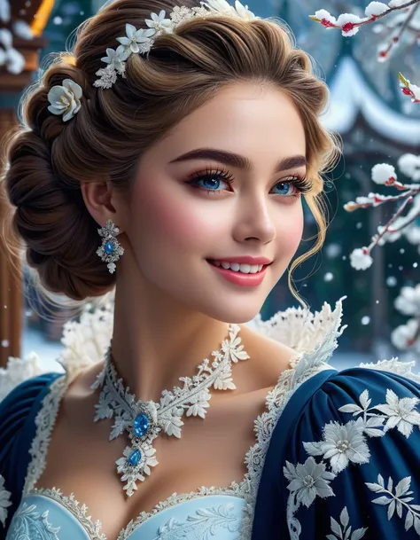 ultra high quality image, close-up, stunningly beautiful girl, long fluffy eyelashes, modern rococo style, with impressionistic softness, snow-white smile, bright colors, ambient lighting, clothes decorated with intricate lace and flowers reminiscent of th...