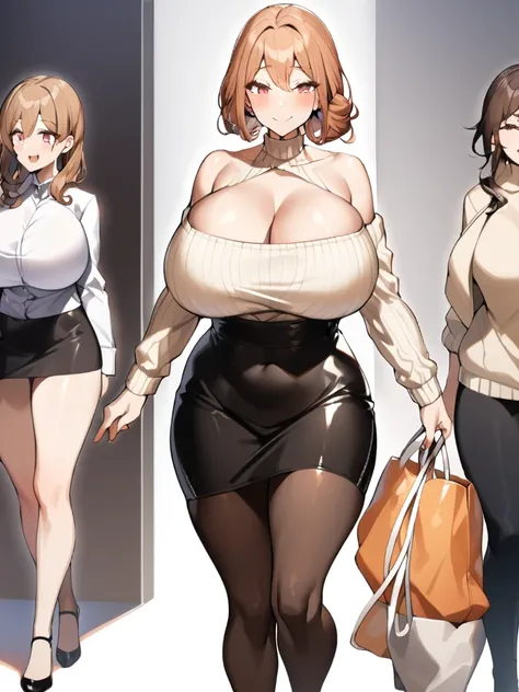 1 adult female、35-year-old woman、Huge breasts:1.5、sagging breast:1.5、Brown Hair、Light red eyes、Wavy Hair、Bobcut、milf、off-shoulder sweater、potbelly、Worried brow、smile、Gorgeous Mom、Black tight skirt、Walk gracefully