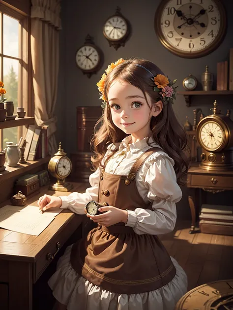 The best picture quality, a fairy tale world, a room with so many clocks of various shapes and sizes that they fill the walls and shelves, a young girl of 5 years old with a big head and  at a desk repairing a precision clock, chestnut hair, surprisingly v...