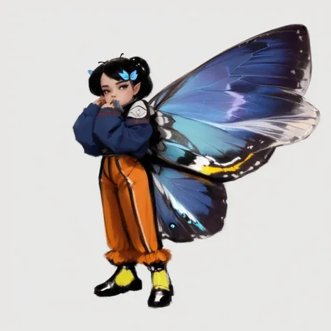 a close up of a person with a butterfly on their back, Insect trainer girl, pixie character, with large wings, butterfly wings, DreamWorks animated Björk, with real wings, butterfly, with beautiful wings, torn wings, fan art, combined character, aesthetic ...