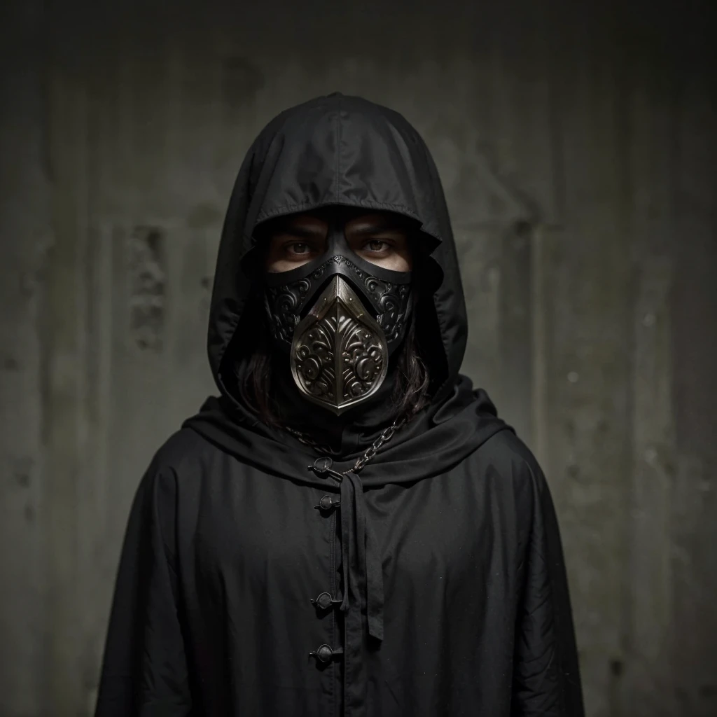 a medieval man wearing a black cloak, ornate mask, medieval clothing, detailed face, dramatic lighting, cinematic, dark fantasy, moody atmosphere, chiaroscuro
