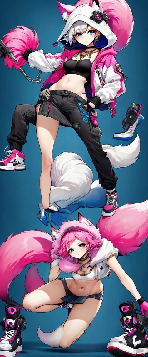 Oh, league of legend, sexy for, wallpapers, detailed eyes, fox ear, (fox tails), body delgado perfecto, a skirt, (long pink fur), medium breasts, Looking at_It is shown in_Looking atl espectador, short_Hair, gloves, belly button, fail, Blue_there are eyes,...