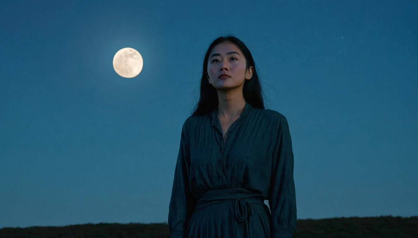 
"A woman standing in the light of a waning moon, looking directly at the camera. The scene is nocturnal, with the moon shining brightly in the sky. The woman is in the center of the camera&#39;s focus, wearing a long blue dress, with a mysterious and sere...