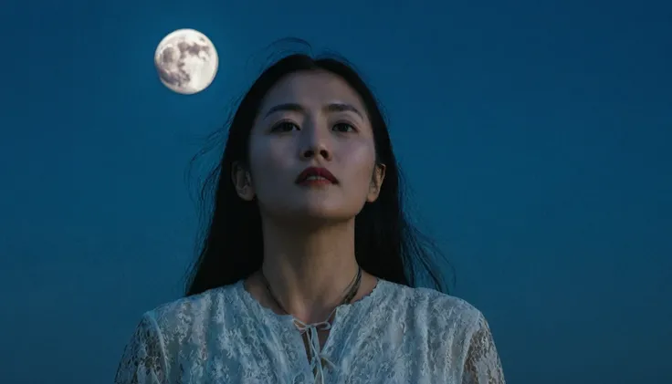 
"A woman standing in the light of a waning moon, looking directly at the camera. The scene is nocturnal, with the moon shining brightly in the sky. The woman is in the center of the camera&#39;s focus, wearing a long blue dress, with a mysterious and sere...