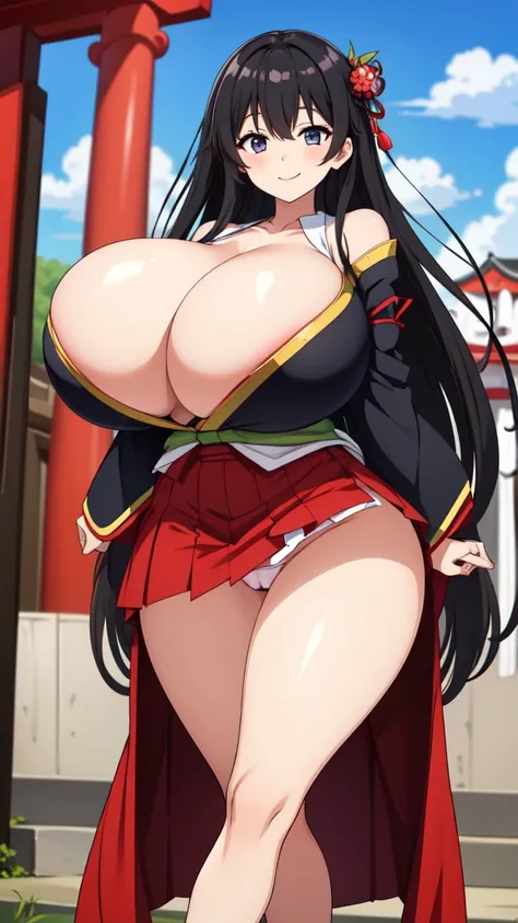 Girl in Japanese shrine maiden outfit, smile, Showing her breasts, (Huge breasts:1.6), Cleavage, (Black Hair), Super Long Hair, hair ornament, ribbon,White kimono, Shoulder-exposing sleeves, open-chested costume, Short skirt, Red Skirt, (upskirt), cameltoe...