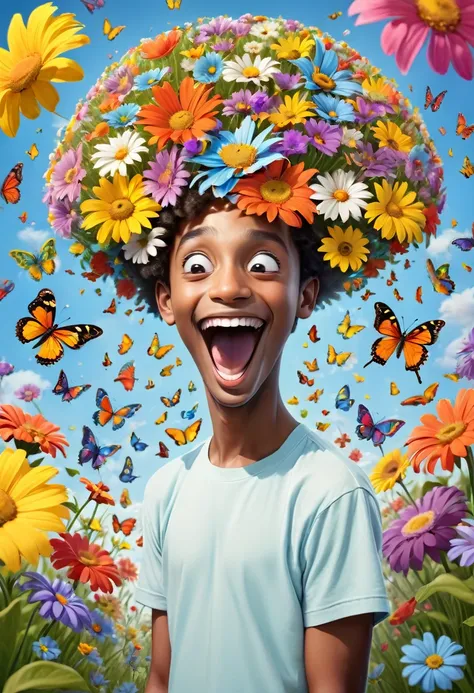  coming out with flowers and butterflies from inside his brain with a happy appearance portraying attention deficit hyperactivity disorder