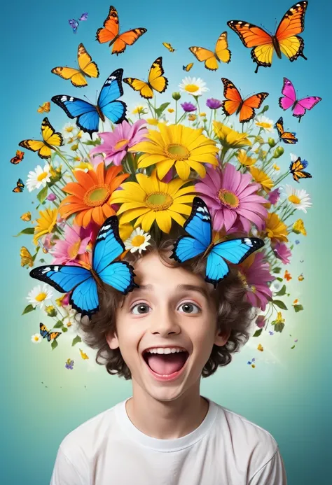  coming out with flowers and butterflies from inside his brain with a happy appearance portraying attention deficit hyperactivity disorder