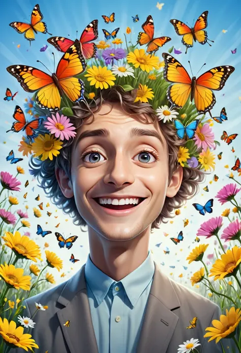  coming out with flowers and butterflies from inside his brain with a happy appearance portraying attention deficit hyperactivity disorder