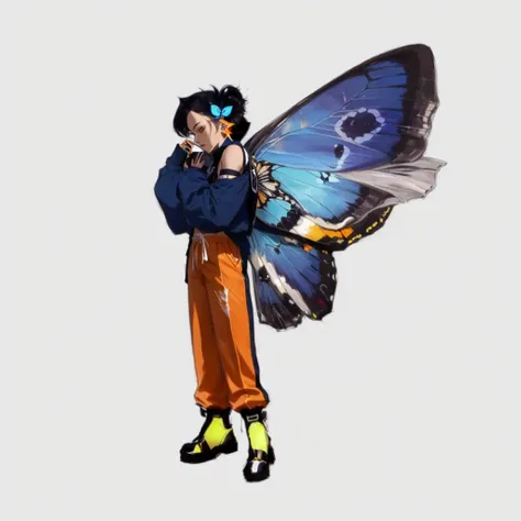 anime character with butterfly wings and orange pants holding a cell phone, winged boy, Insect trainer girl, butterfly wings, butterfly, with large wings, full body illustration, gentle androgynous prince, pixie character, Harry Wolf in video style, fan ar...