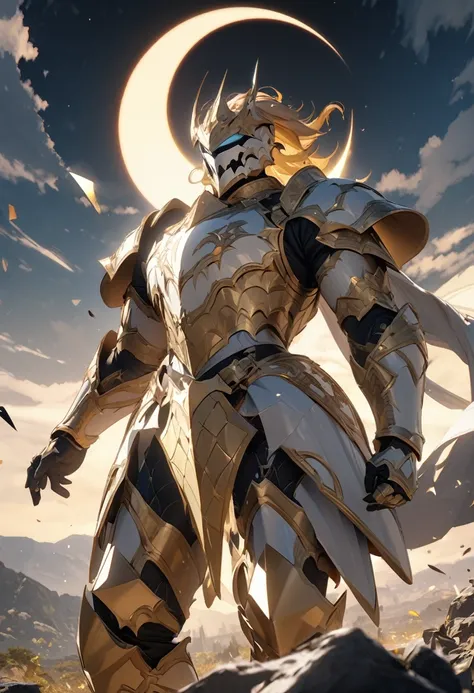 masterpiece, 8k, best quality, highly detailed, a warrior wearing strength boosting knight general armor made of white & gold scales with a solar eclipse in the background