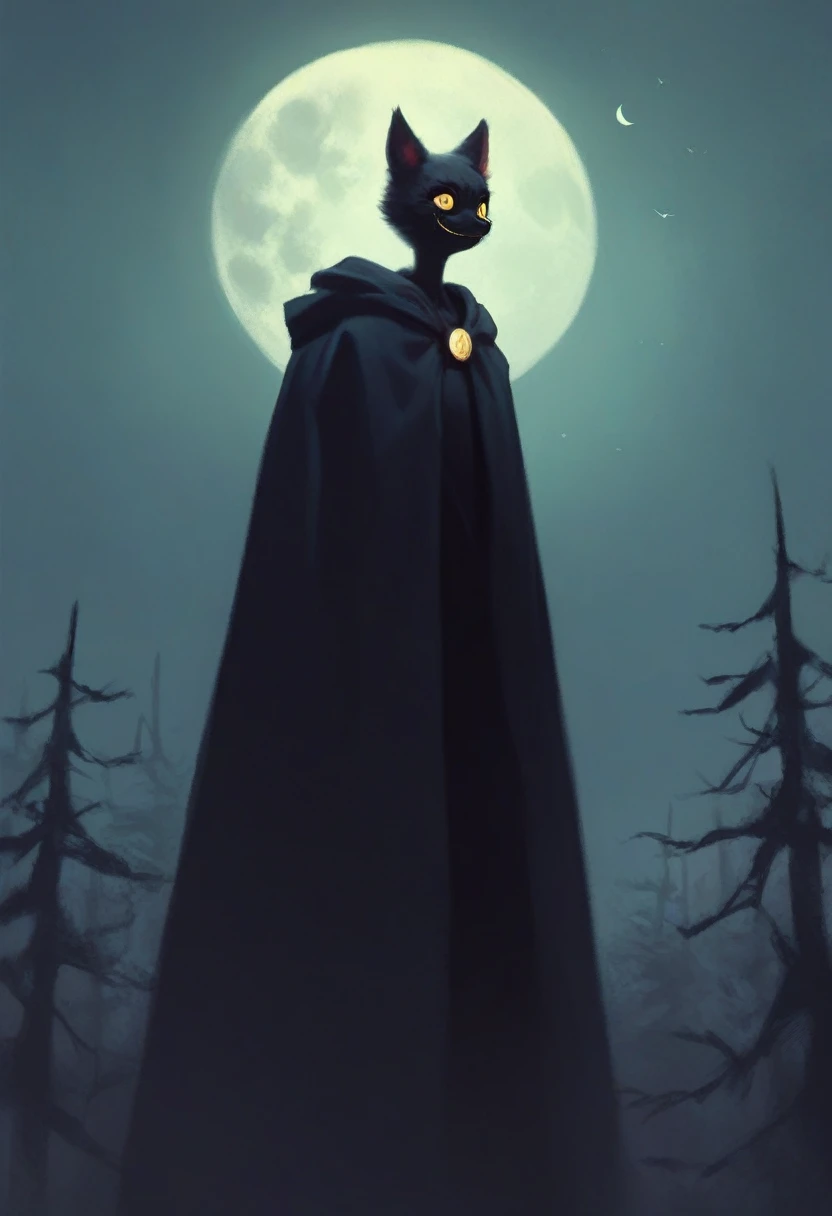 tall, adult scary black furry bunny standing under the moonlight wearing a cloak and has glowing yellow eyes with a creepy smile , dark background, high detail, no light, woods landscape in the middle of the night, mistic, full moon, moonlight, (flat shadi...