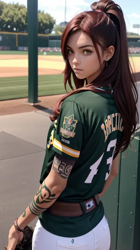 Pitite 18 year old girl, skinny, dark red hair, professional baseball player for the Oakland As, tribal full sleeve tattoo on left arm.