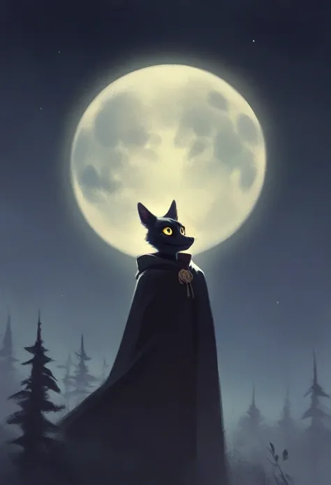 tall, old and mature scary black furry bunny standing under the moonlight wearing a cloak and has glowing yellow eyes with a creepy smile , dark background, high detail, no light, woods landscape in the middle of the night, mistic, full moon, moonlight, (f...