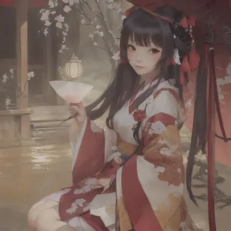 Anime girl in a kimono sitting under a tree with a red umbrella, Artistic rendering of Reimu Hakurei, onmyoji, Gwaiz, onmyoji portrait, The Detailed Art of the Onmyoji, artwork in the style of Gwaiz, Gwaiz on pixiv artstation, Reimu Hakurei, Gwaiz on artst...