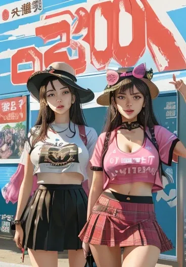 masterpiece, Highest quality,  Unreal Engine,  Super Resolution,  Very detailed, 

2 girls, Two women in short skirts and hats standing next to a poster, Waist,  thin,  (Muscular:0.8), Round Breasts,  Big Breasts,  bold,  Lips parted,  Observe the audience...