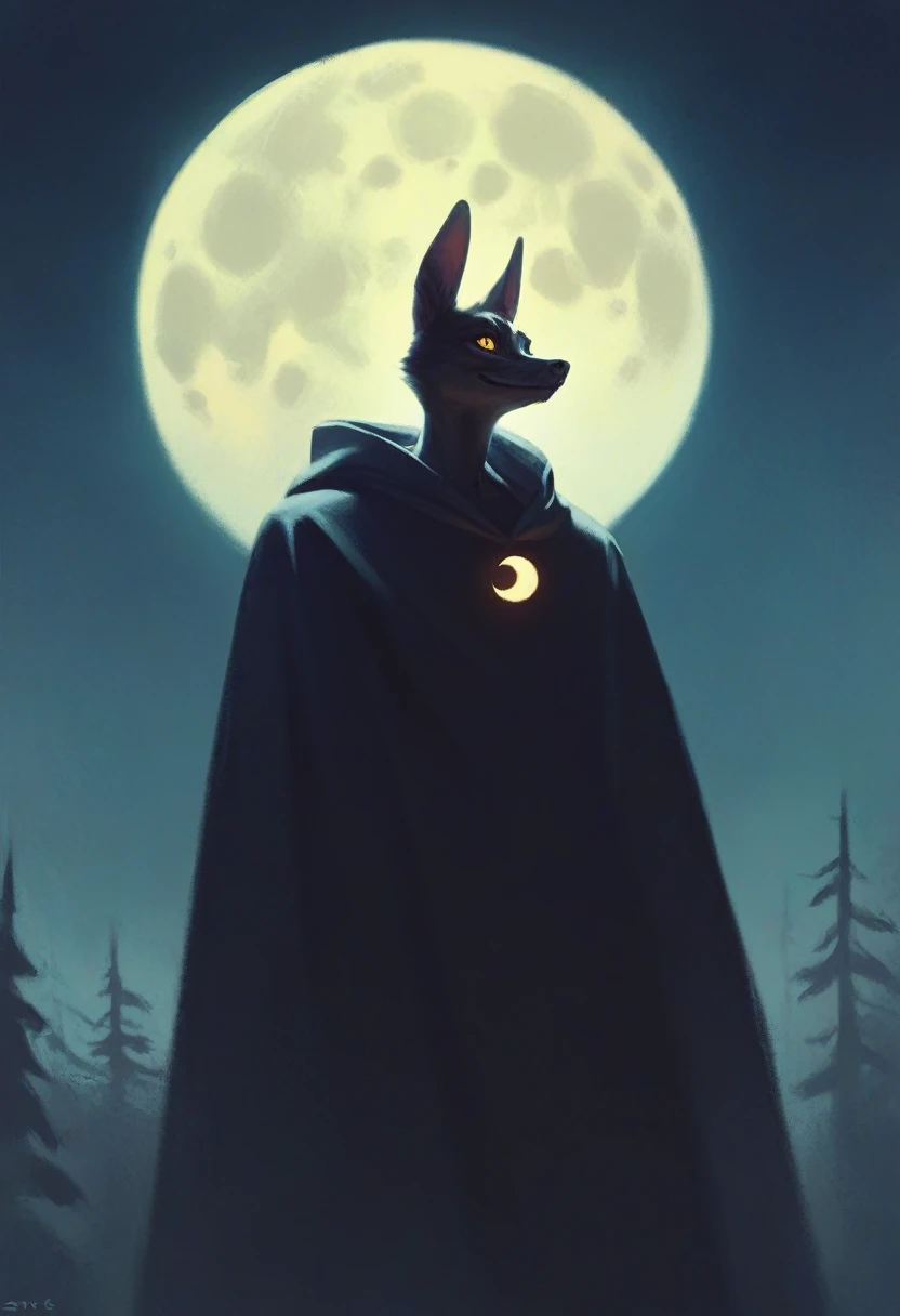 tall, old and mature scary black furry bunny standing under the moonlight wearing a cloak and has glowing yellow eyes with a creepy smile , dark background, high detail, no light, woods landscape in the middle of the night, mistic, full moon, moonlight, (f...