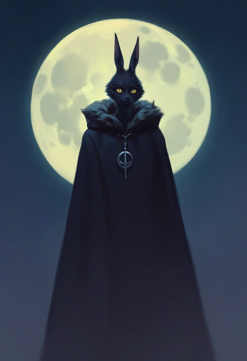 tall, old and mature scary black furry bunny standing under the moonlight wearing a cloak and has glowing yellow eyes with a creepy smile , dark background, high detail, no light, woods landscape in the middle of the night, mistic, full moon, moonlight, (f...