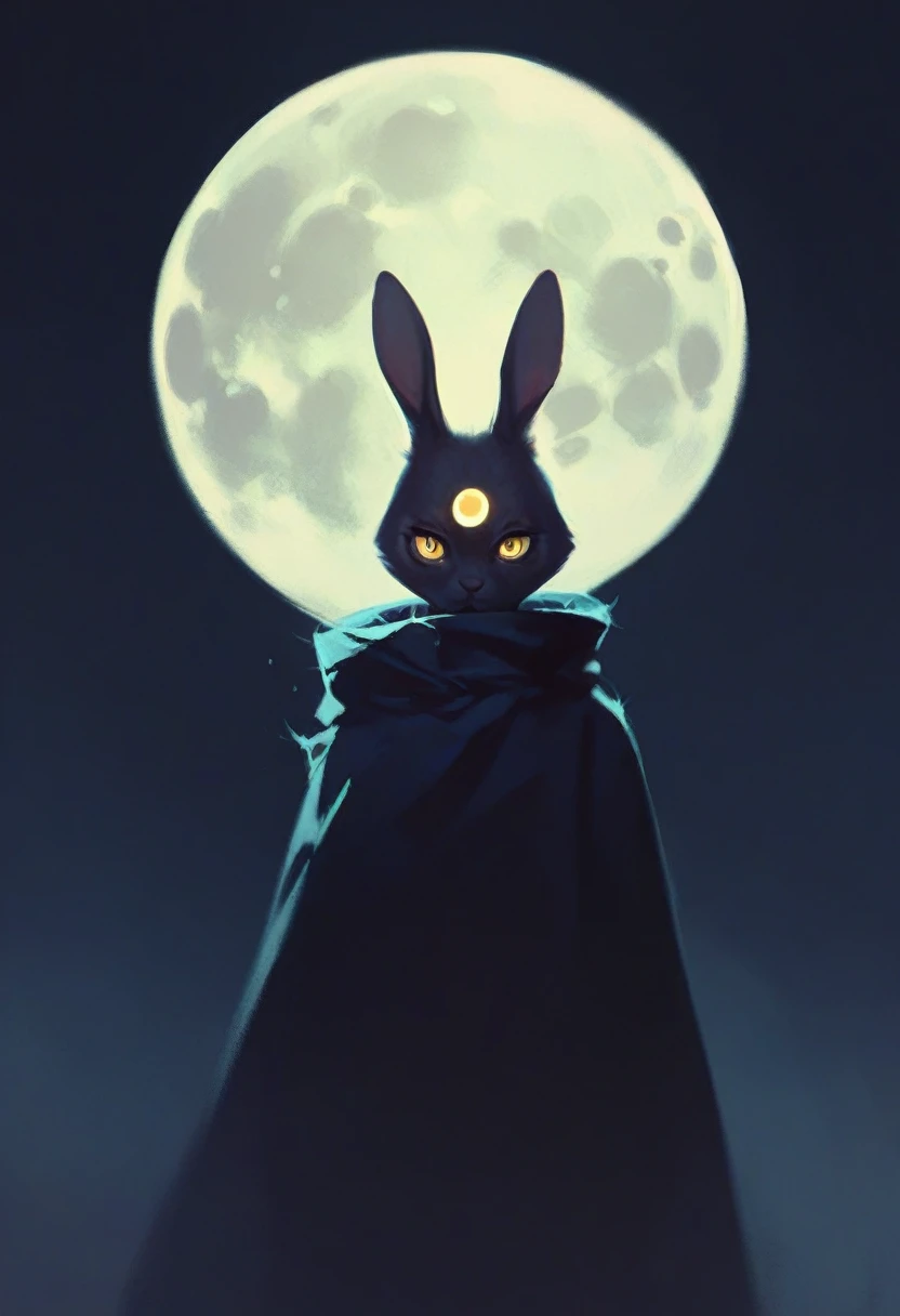 black furry bunny standing under the moonlight wearing a cloak and has glowing yellow eyes , dark background, high detail, no light, woods landscape in the middle of the night, mistic, full moon, moonlight, (flat shading:1.2), (minimalist:1.4)
