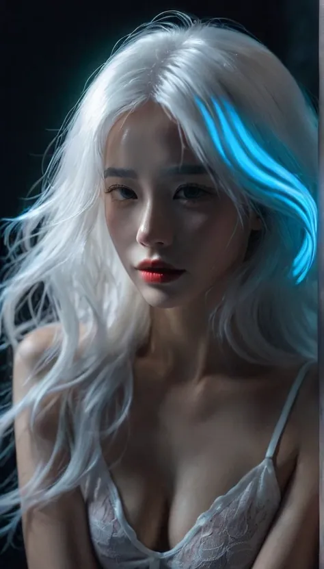 A girl with glowing white hair in a dark room, glowing lips
，Wear underwear