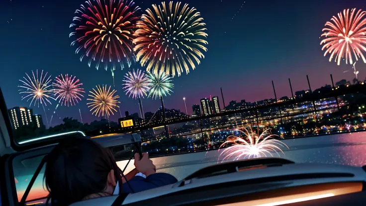 Fireworks Night、A subjective view of a person lying down in the back seat of a car watching a bunch of fireworks.