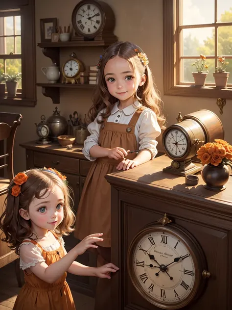 The best picture quality, detailed eyes, long eyelashes, a room with so many clocks of various shapes and sizes that they fill the walls and shelves, a young five-year-old girl with a large head and  at a desk repairing a precision clock, chestnut hair, su...