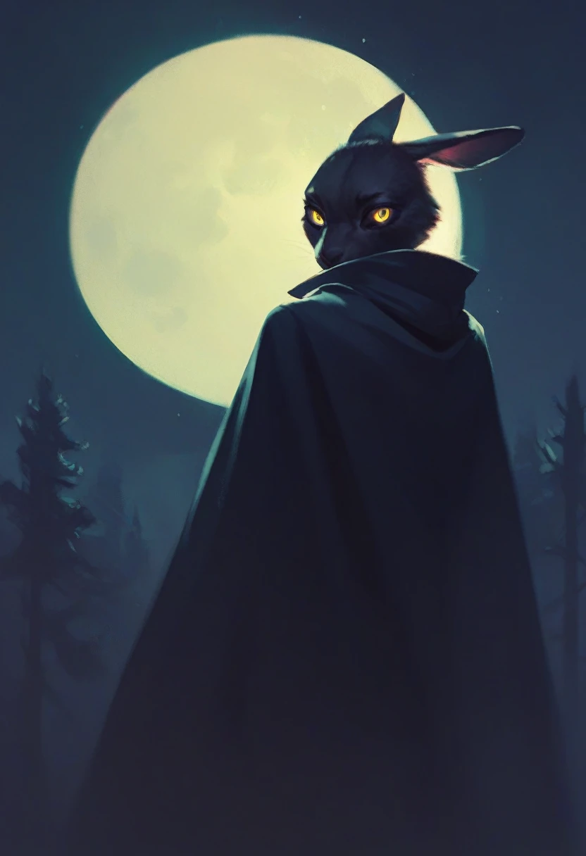 black furry bunny standing under the moonlight wearing a cloak and has glowing yellow eyes , dark background, high detail, no light, woods landscape in the middle of the night, mistic, full moon, moonlight, (flat shading:1.2), (minimalist:1.4)
