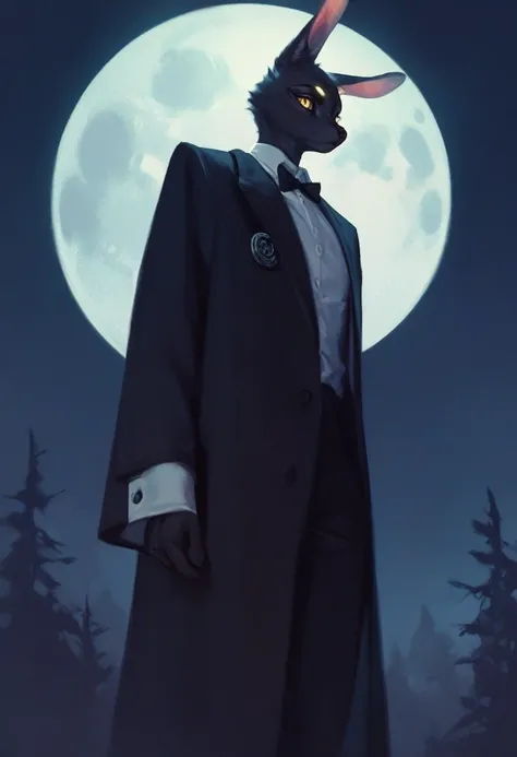 black furry bunny standing under the moonlight wearing a suit and has glowing yellow eyes , dark background, high detail, no light, woods landscape in the middle of the night, mistic, full moon, moonlight, (flat shading:1.2), (minimalist:1.4)
