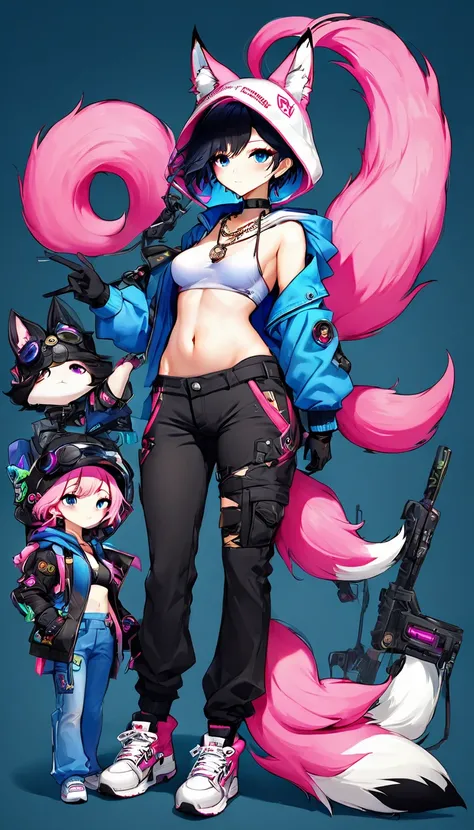 Oh, league of legend, sexy for, wallpapers, detailed eyes, fox ear, (fox tails), body delgado perfecto, a skirt, (long pink fur), medium breasts, Looking at_It is shown in_Looking atl espectador, short_Hair, gloves, belly button, fail, Blue_there are eyes,...