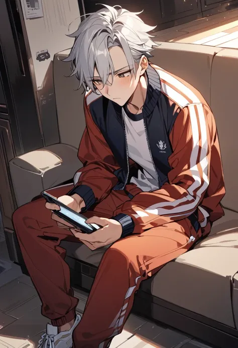 Detailed, masterpiece, 1 boy, anime boy, Athletic young man, very tall around 190cm, with silver hair and brown eyes, sitting and playing on his phone, wearing a tracksuit, relaxed and lazy demeanor, bored and detached expression.