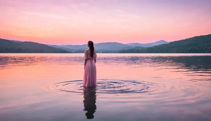  I imagine a charming and serene scene: a woman is standing in the middle of a lake, your long clothes floating in the water around you. The sky around you is painted in soft shades of pink and orange., marking the twilight. The light of the setting sun sh...