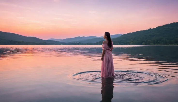  I imagine a charming and serene scene: a woman is standing in the middle of a lake, your long clothes floating in the water around you. The sky around you is painted in soft shades of pink and orange., marking the twilight. The light of the setting sun sh...