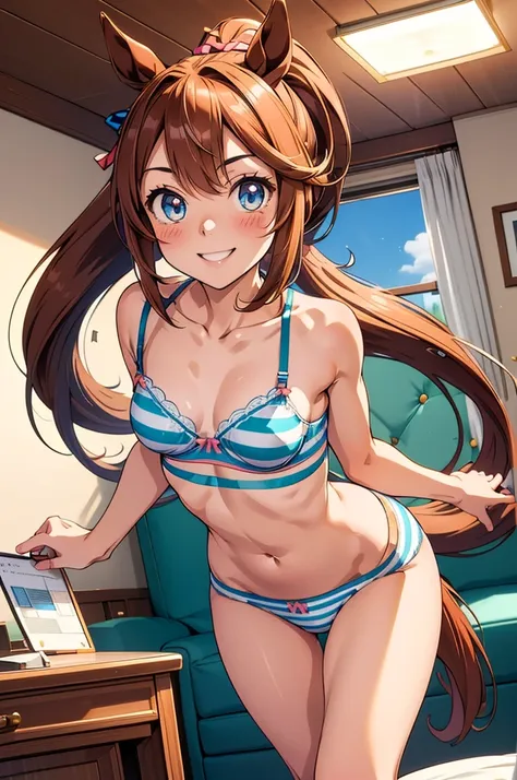 Tokai Teio (umamusume), ((Highly detailed eyes)), masterpiece, Highest quality, (abnormal body, Small breasts, (Horse tail) ,smile, blush, (indoor, office, living room), whole body, frontage, Long ponytail, (Striped panties), (Striped bra), (In underwear),...