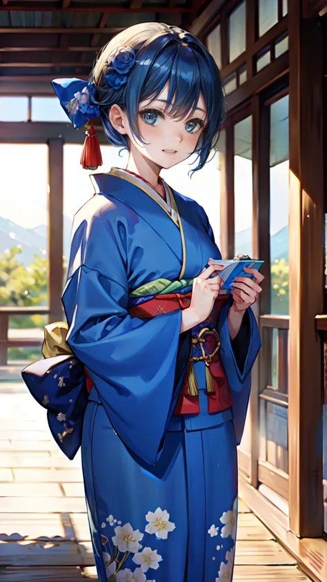 Blue kimono, kimono, New Year&#39;s flower, hair accessory, smile, smile 