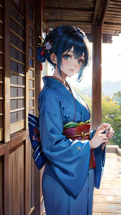 Blue kimono, kimono, New Year&#39;s flower, hair accessory, smile, smile 