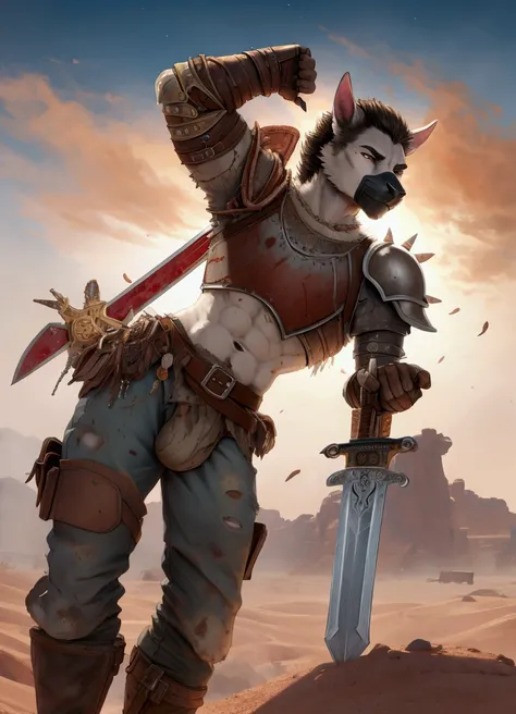 Solo Sexy young anthro furry goat  male mercenary medieval solider, tall and slim slimin hips muscular, anthro handsome gay shorter muzzle, handsome gay model male apperance, sword scars, worn out leather skimpy armament, low on hips heavy leather belt, ol...