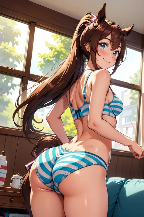 Tokai Teio (umamusume), ((Highly detailed eyes)), masterpiece, Highest quality, (abnormal body, Small breasts, (Horse tail) ,smile, blush, (indoor, office, living room), whole body, frontage, Long ponytail, (Striped panties), (Striped bra), (In underwear),...