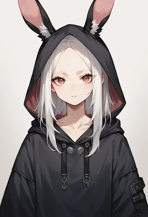 Girl 16 years old, hooded girl with bunny ears, bunny ears on the hood, White hair without bangs (open forehead)