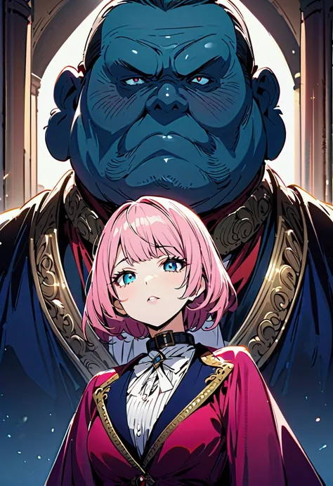 Aristocratic pink haired girl in luxurious clothes、blue eyes、Accompanied by a fat, ugly, middle-aged male slave wearing a collar