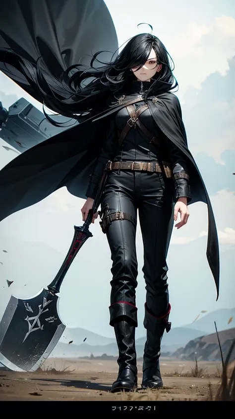 One-eyed adult woman with long black hair，Black cape，，trousers，boots，big ax，army battlefield