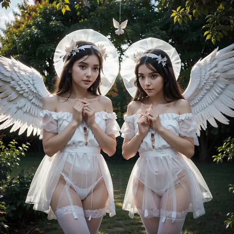 Two angels falling from the sky, one has black wings and the other has white wings, they are wearing a transparent white velvet, they have autumn ornaments on their heads