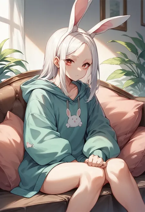 Girl 16 years old, hooded girl with bunny ears, bunny ears on the hood, White hair without bangs (open forehead), sitting on the couch at home