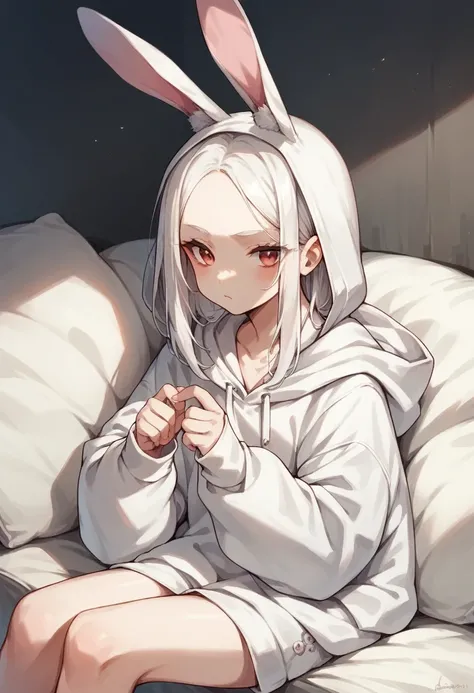 Girl 16 years old, hooded girl with bunny ears, bunny ears on the hood, White hair without bangs (open forehead), sitting on the couch at home