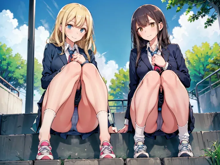 Highest quality, Ultra-high resolution, (Realistic: )2D official style cel animation,((Two girls sitting in a row))Navy Blazer、Navy blue mini skirt,(Lace panties),loose socks,sneakers,Full body portrait,(From below),Station stairs,sunny,Embarrassed face,Sp...