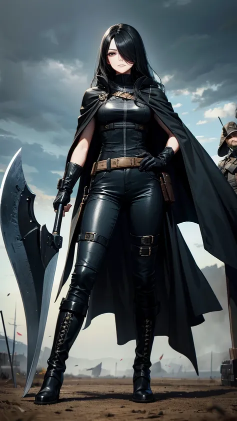 One-eyed adult woman with long black hair，Black cape，，trousers，boots，big ax，army battlefield