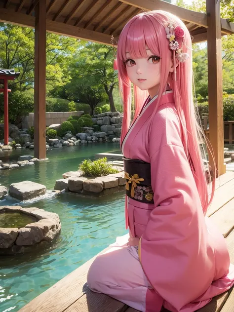 A beautiful Japanese girl with long hair, pink hair, large eyes, innocent atmosphere, kimono-like outfit