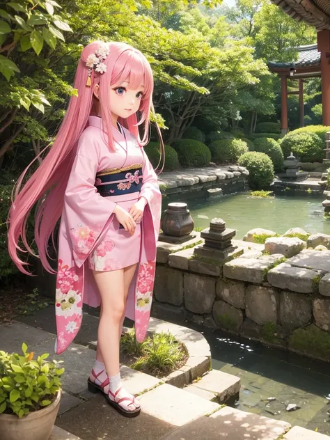 A beautiful Japanese girl with long hair, pink hair, large eyes, innocent atmosphere, kimono-like outfit