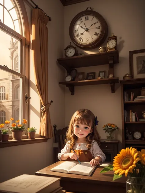 The best picture quality, detailed eyes, long eyelashes, a room with so many clocks of various shapes and sizes that they fill the walls and shelves, a very cute little five-year-old girl at a desk repairing a precision clock, chestnut hair, surprisingly v...