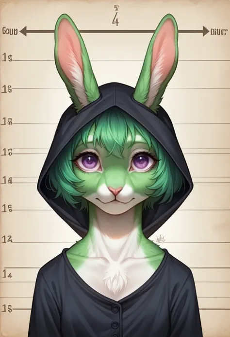 Masterpiece,(Best Quality,Superior quality,8k),illustration,chart,detailed eyes and face,(1 girl),vejar,(green fur,short hair),(black pajamas,neckline:1.2),purple eyes,black hood,rabbit ears, Pretty girl, skin beauty, ultra high resolution, photo and gross...