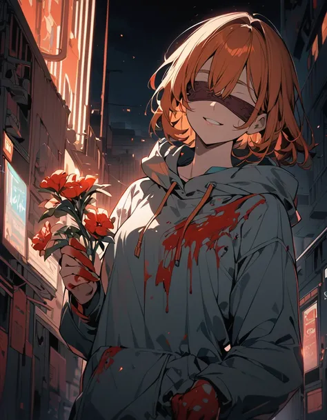 beautiful anime girl with orange hair, blindfolded, smiling, holding a flower, wearing a hoodie, night sky, blood on hands, intricate details, sad,masterpiece,lighting, subdued colors, digital art