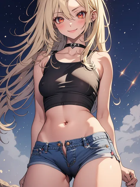 アニメ,  アニメ, 2d, 18-years old, 18-years old, (((whole body))), very kawaii, ssmile, labia lips, seductive ssmile, standing alone, Scrawny, breasts big, Plain White T-Shirt, tight shorts, shorts, dynamic angle, no back ground, White background, gazing at view...